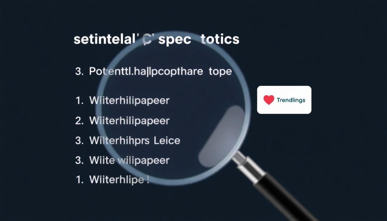 A magnifying glass hovering over a list of potential whitepaper topics, with a 'trending' icon next to the chosen one.