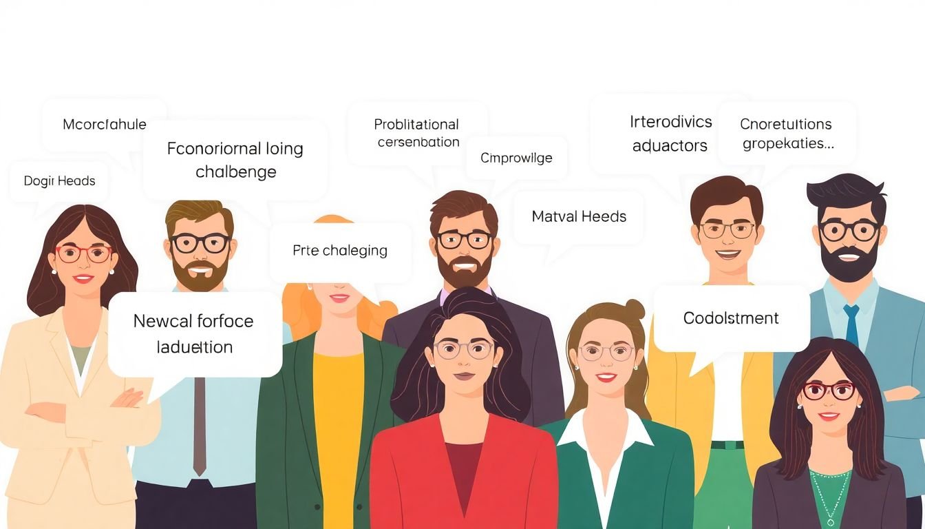 A diverse group of professionals representing different industries, with speech bubbles revealing their unique needs and challenges.