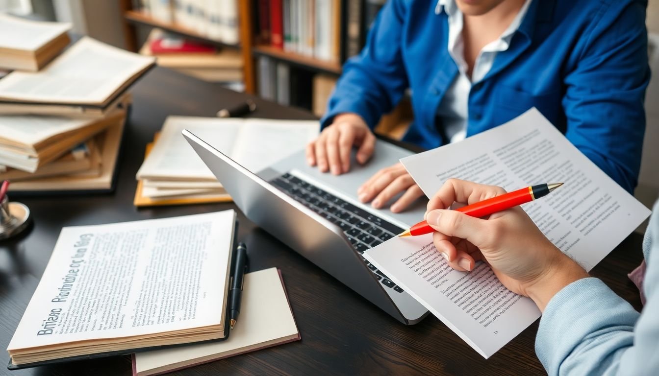 A researcher poring over books and online sources, a writer typing away at a laptop, and an editor with a red pen marking up a whitepaper draft.