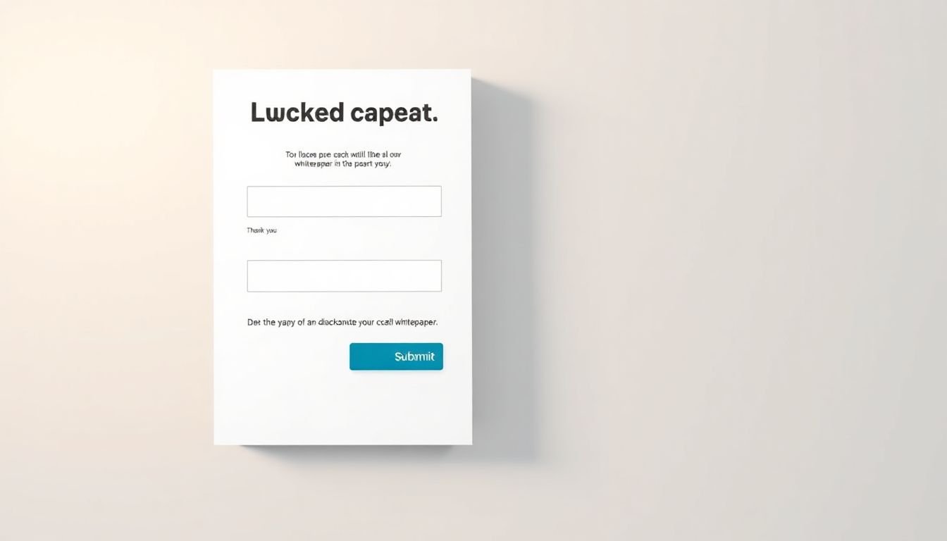 A locked whitepaper with a form in front of it, and a 'submit' button leading to a 'thank you' page with a download link.