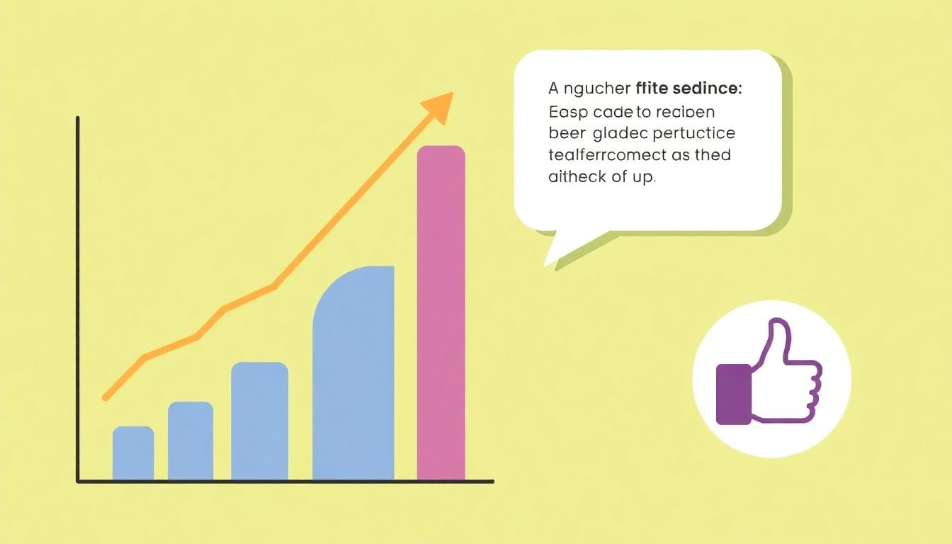 A graph showing increasing performance metrics, with a speech bubble containing reader feedback, and a 'thumbs up' icon next to it.