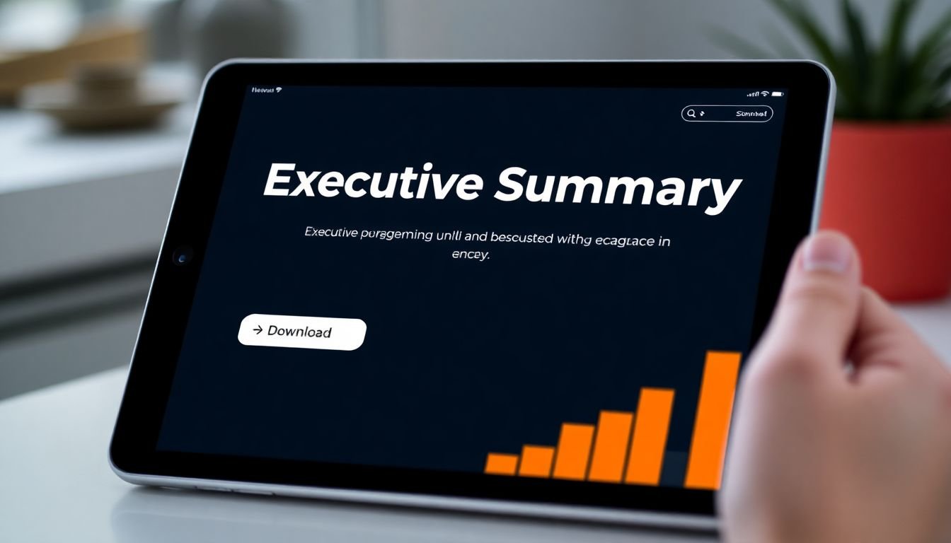 A captivating title and executive summary displayed on a tablet, with a 'download' button and a graph showing increasing engagement.
