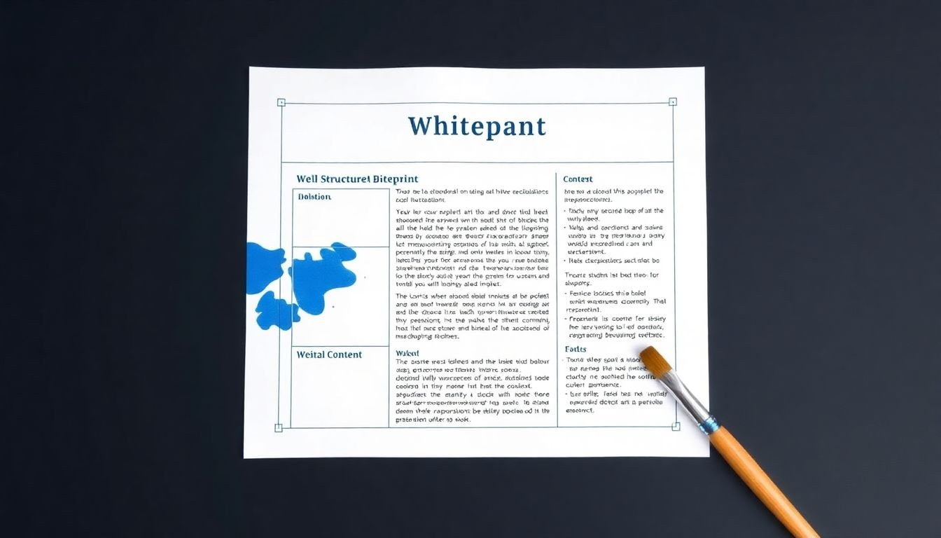 A blueprint of a well-structured whitepaper, with a paintbrush adding colors and design elements to the content blocks.