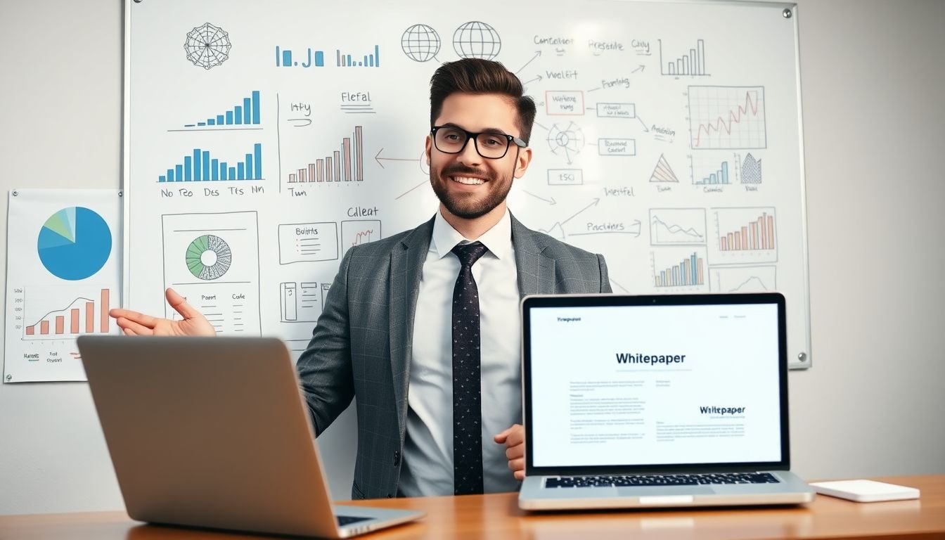 A confident businessperson brainstorming ideas on a whiteboard, surrounded by graphs, charts, and a laptop showing a well-designed whitepaper template.