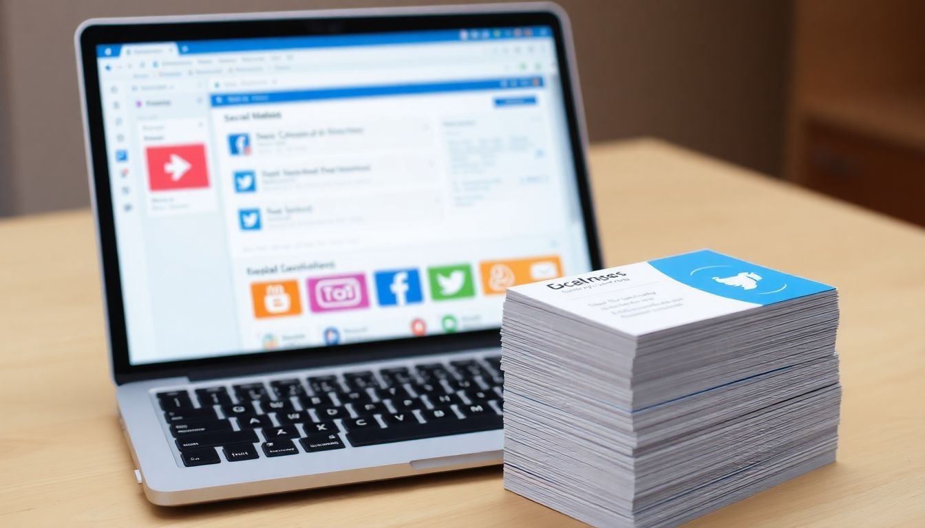 A laptop with social media platforms open, an email inbox, and a stack of business cards, symbolizing networking and marketing efforts.