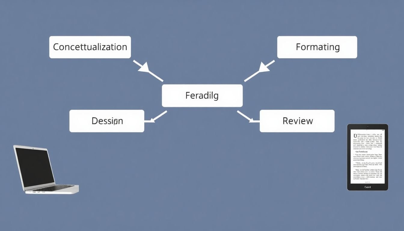 A flowchart with steps like 'Conceptualization', 'Design', 'Formatting', and 'Review', connected by arrows, with a laptop and an e-reader on either side.