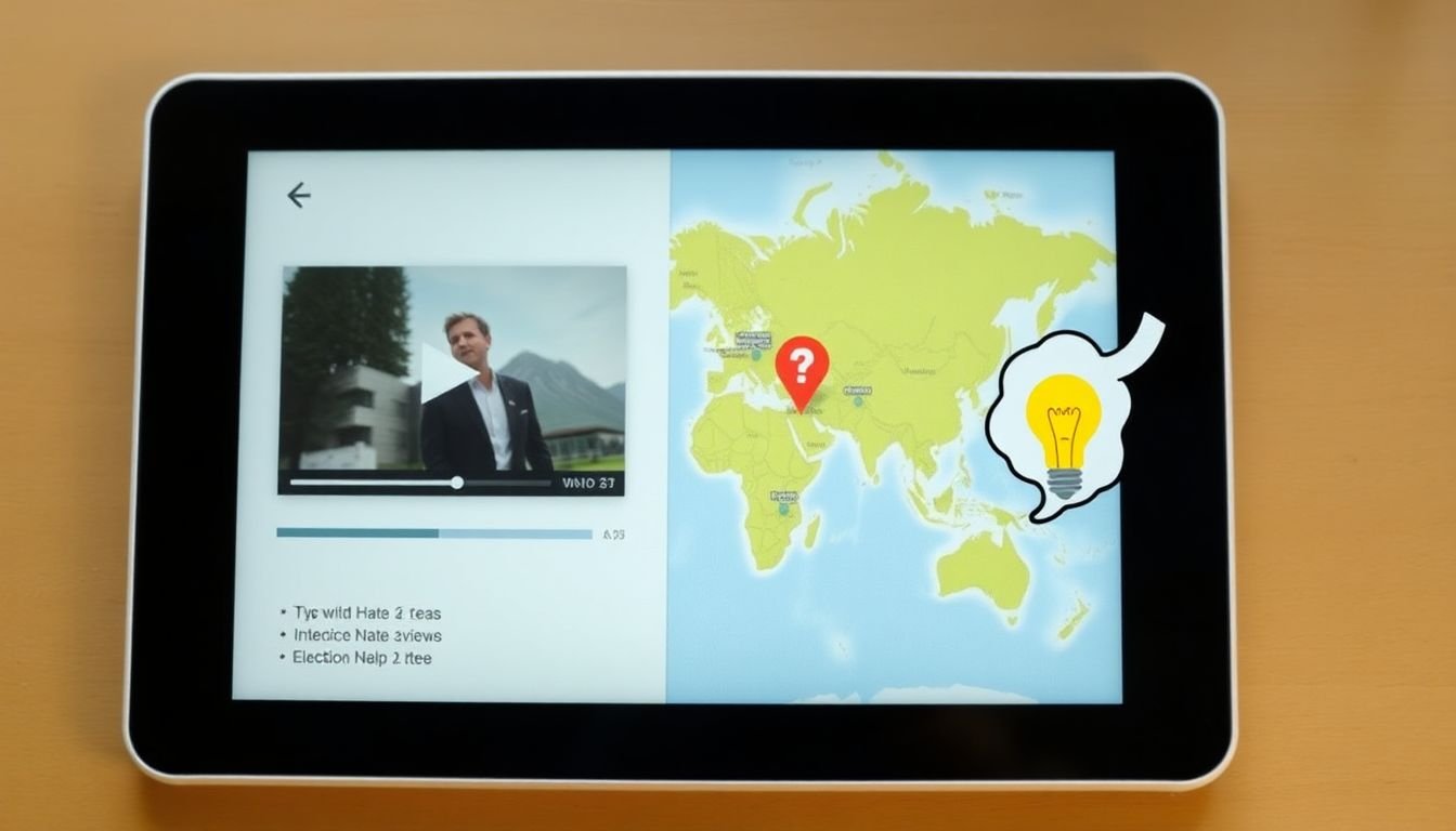 An e-reader screen with a video playing, a map with interactive elements, and a thought bubble with a lightbulb idea for interactive content.