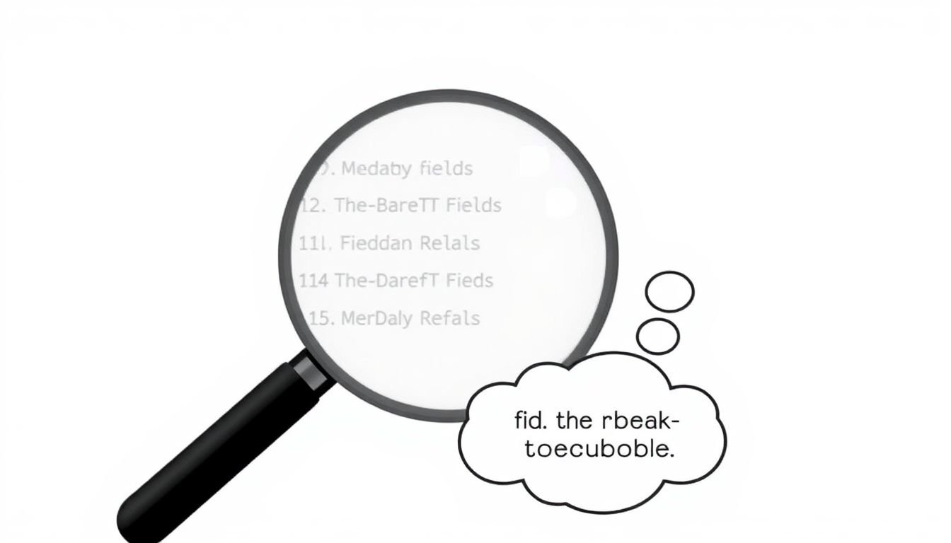 A magnifying glass over a list of metadata fields, with a thought bubble showing a reader finding the perfect eBook.