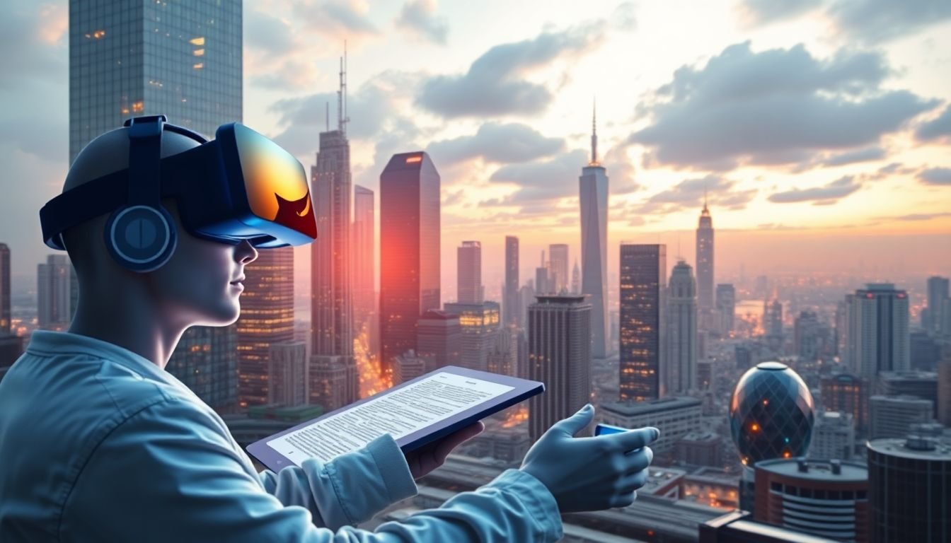 A futuristic cityscape with e-readers and virtual reality headsets, symbolizing the future of eBook design and content marketing.
