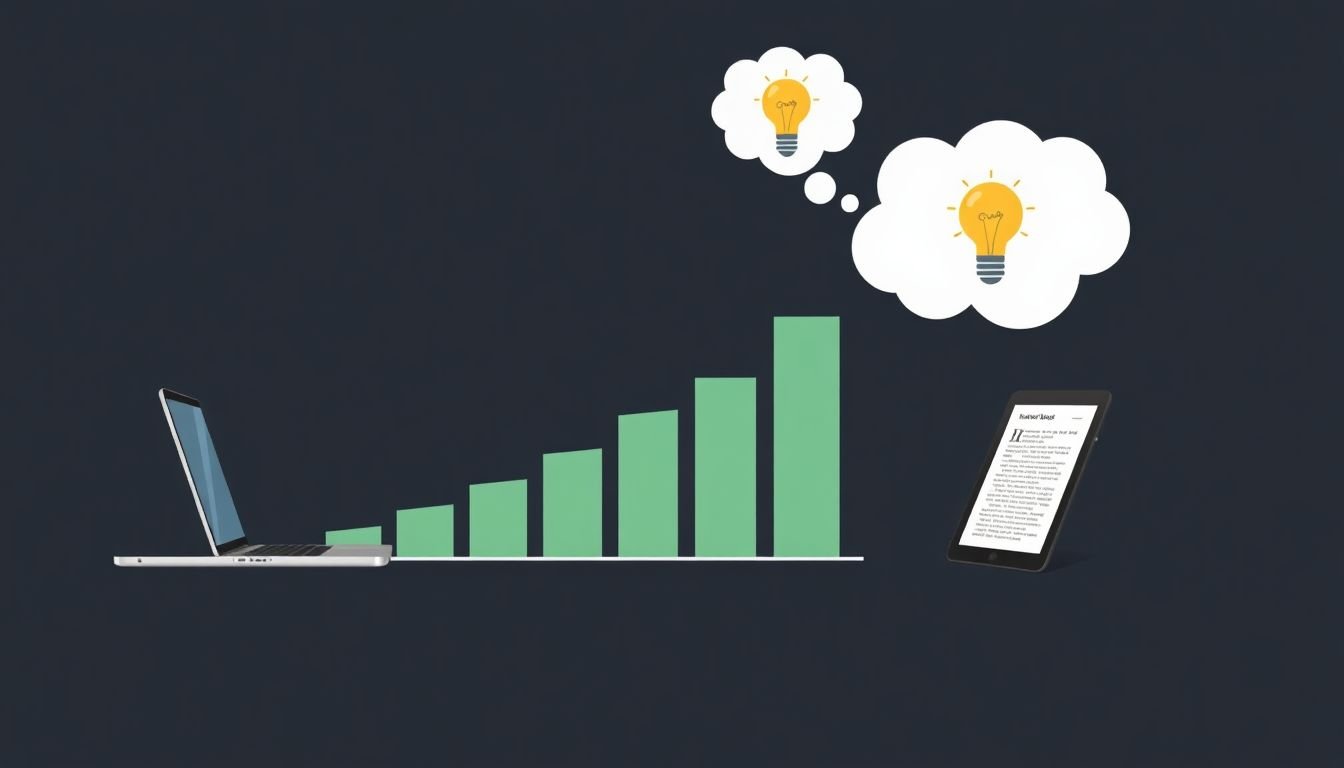 A graph showing eBook market growth, with a laptop and an e-reader on either side, and a thought bubble with a lightbulb idea for marketing strategies.