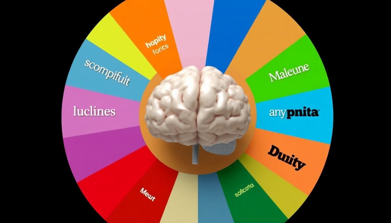 A color wheel with various fonts and layouts scattered around it, with a brain in the center, representing the psychological impact of design choices.