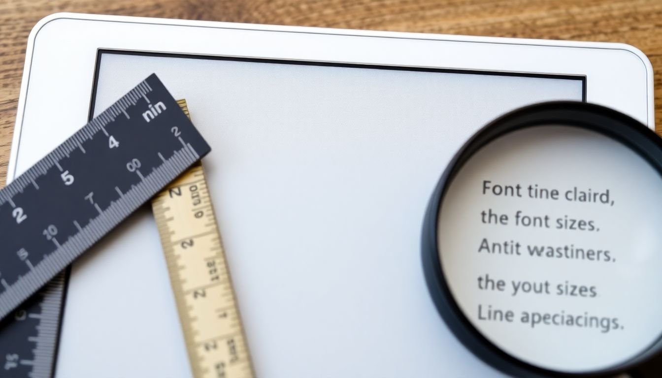 A ruler and a magnifying glass next to an e-reader screen, with different font sizes and line spacings highlighted.