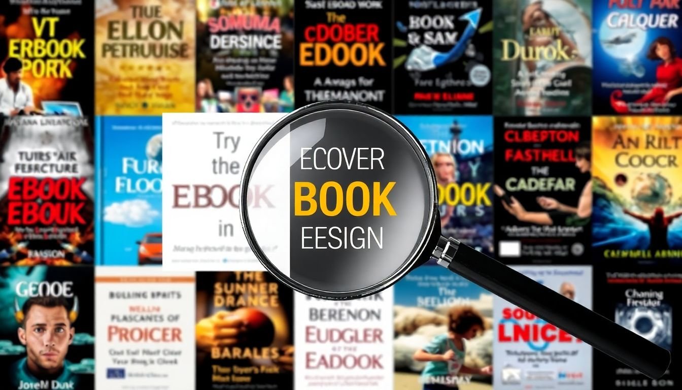 A collage of eye-catching eBook covers, with a magnifying glass focusing on one of them, symbolizing the importance of cover design.
