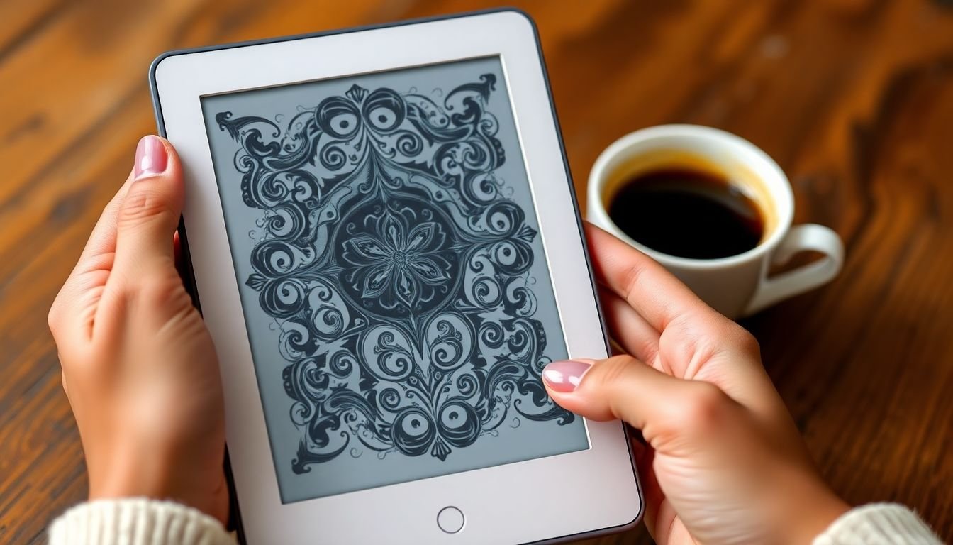 A close-up of a reader's hands holding an e-reader, with the screen displaying an intricately designed eBook cover, and a cup of coffee in the background, symbolizing a cozy reading experience.
