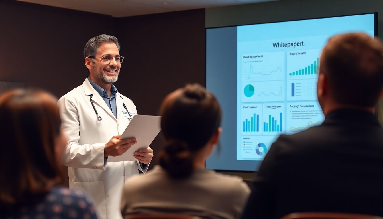 A researcher presenting a whitepaper to a satisfied audience, with graphs and charts showing positive results and impact.