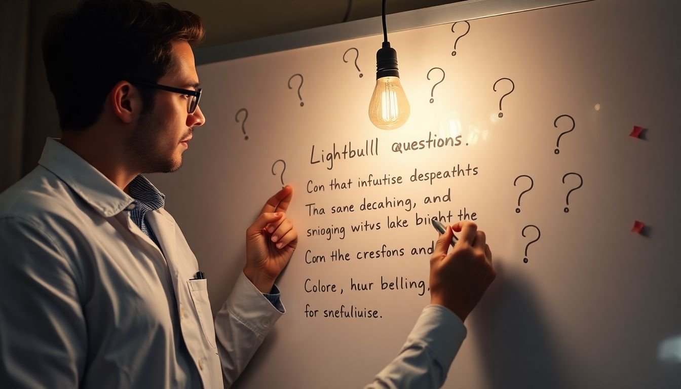 A lightbulb moment with a researcher jotting down insightful questions on a whiteboard, surrounded by curious question marks.