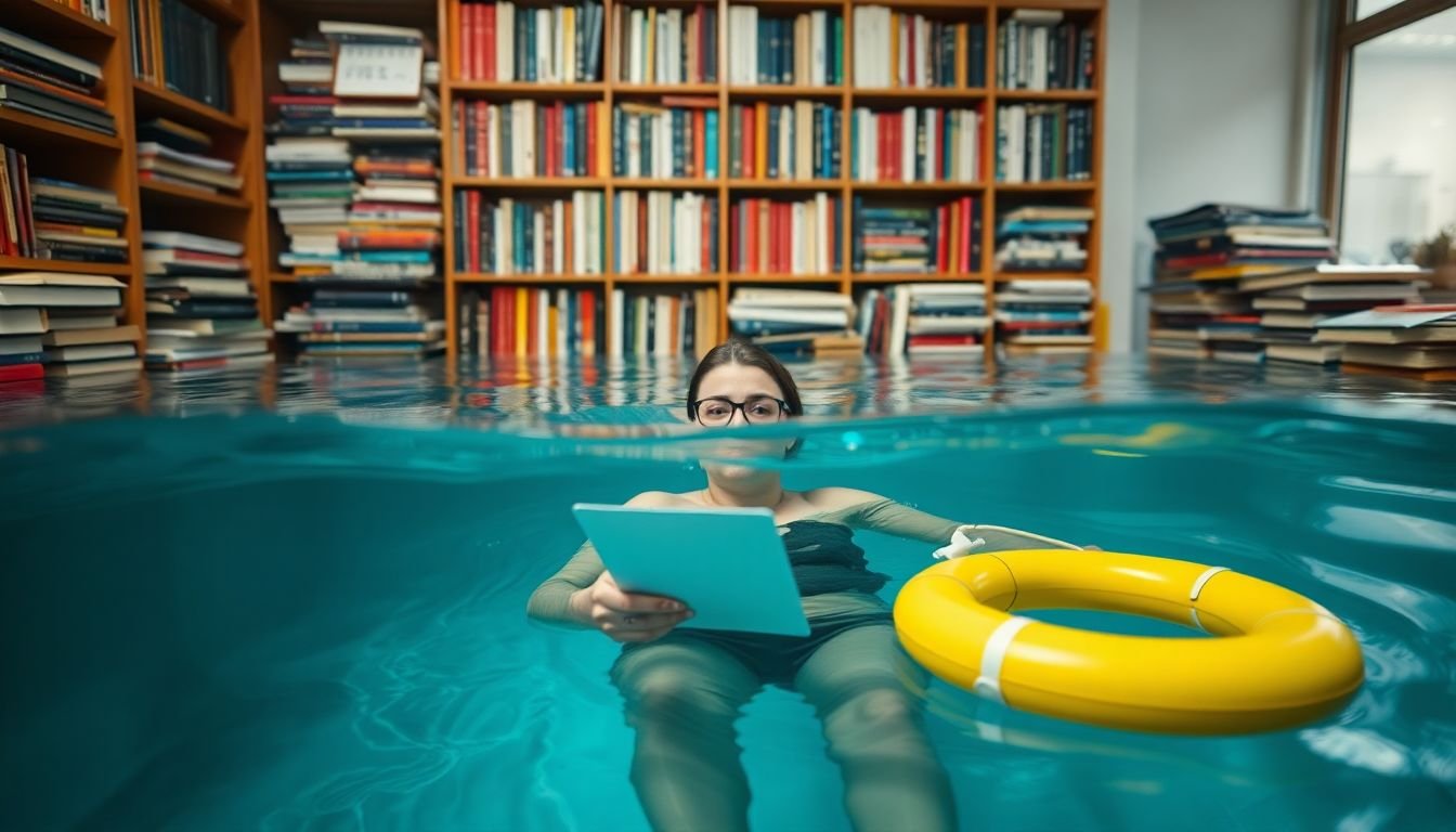 A researcher swimming in a pool of books, databases, and interviews, with a whitepaper lifebuoy nearby.