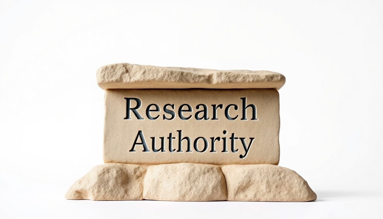 A strong, ancient foundation stone with the words 'Research' and 'Authority' engraved on it, supporting a modern, sleek whitepaper.