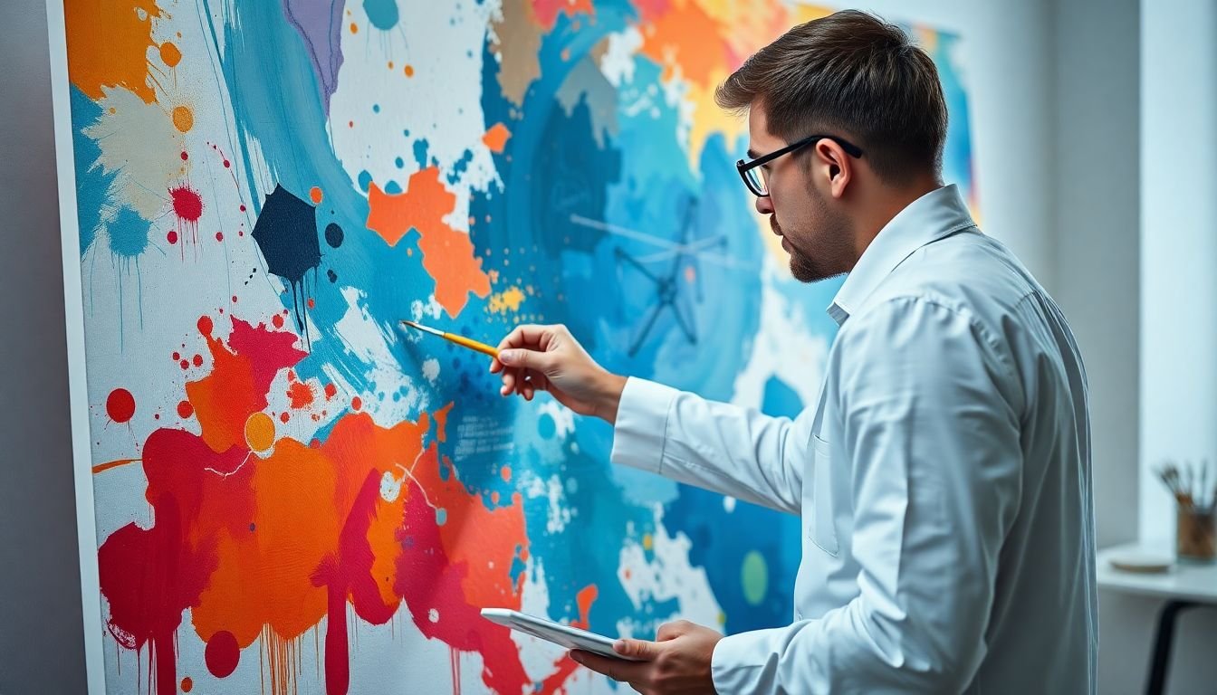 A researcher painting a masterpiece on a canvas, with research data and insights serving as their palette and brush.