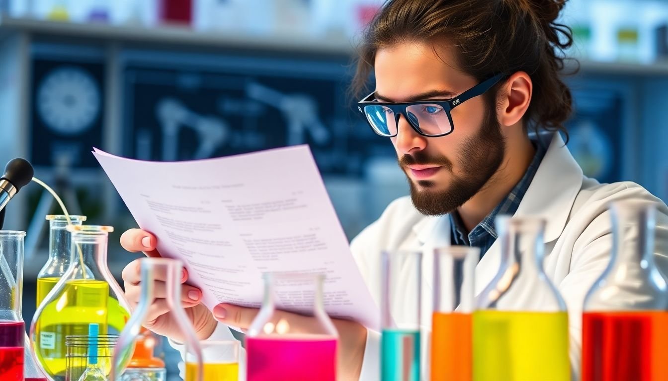 A researcher in a lab, using test tubes and beakers to analyze data and draw insights, with a whitepaper emerging from the experiment.