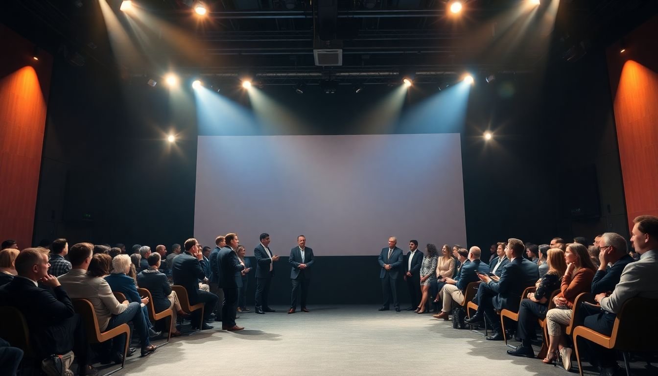 A theater stage with spotlights focused on a diverse group of business professionals, representing your target audience.