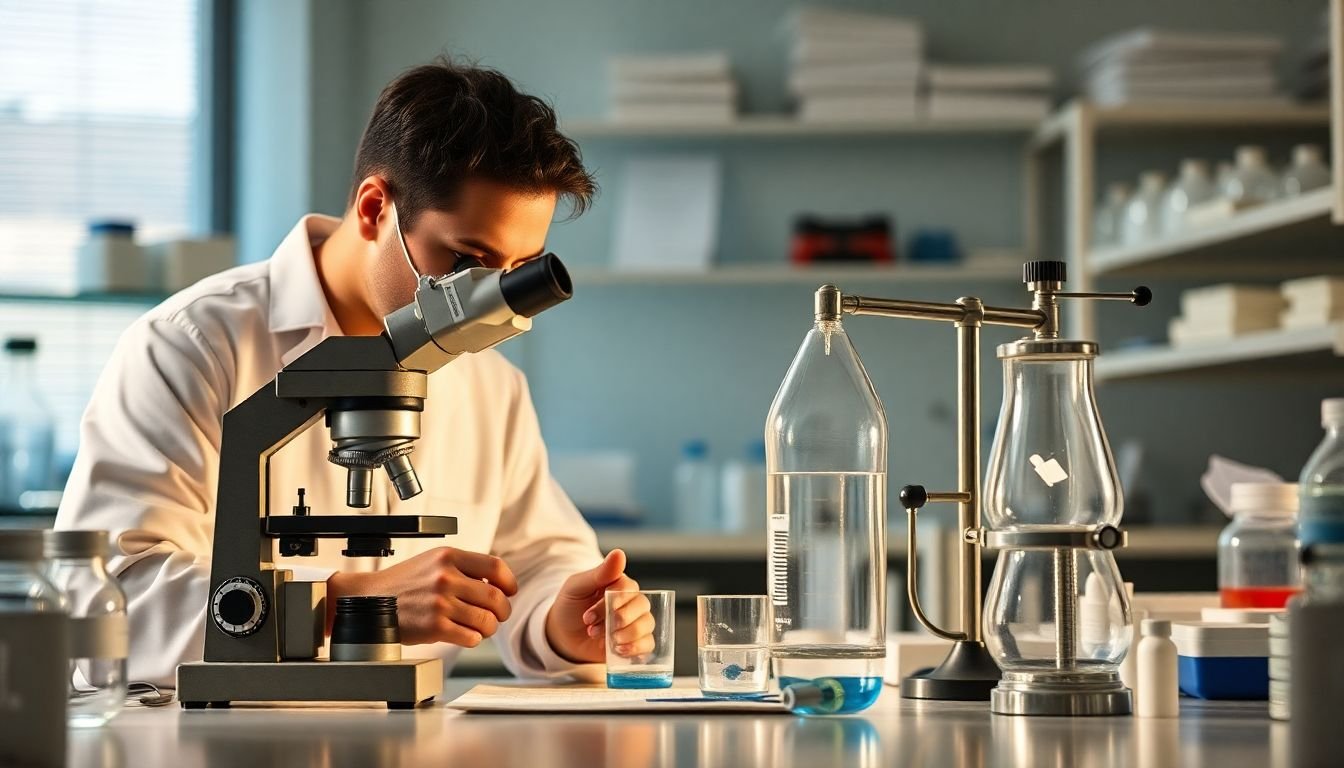 A researcher in a lab, testing different methods - from a microscope to a scale - to find the perfect one for their whitepaper research.