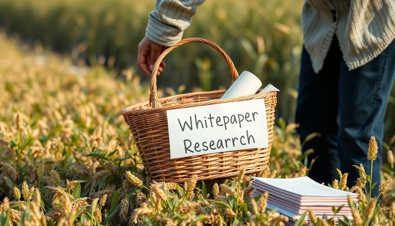 A researcher harvesting data from a field of information, using a basket labeled 'Whitepaper Research', with a sheaf of organized notes nearby.