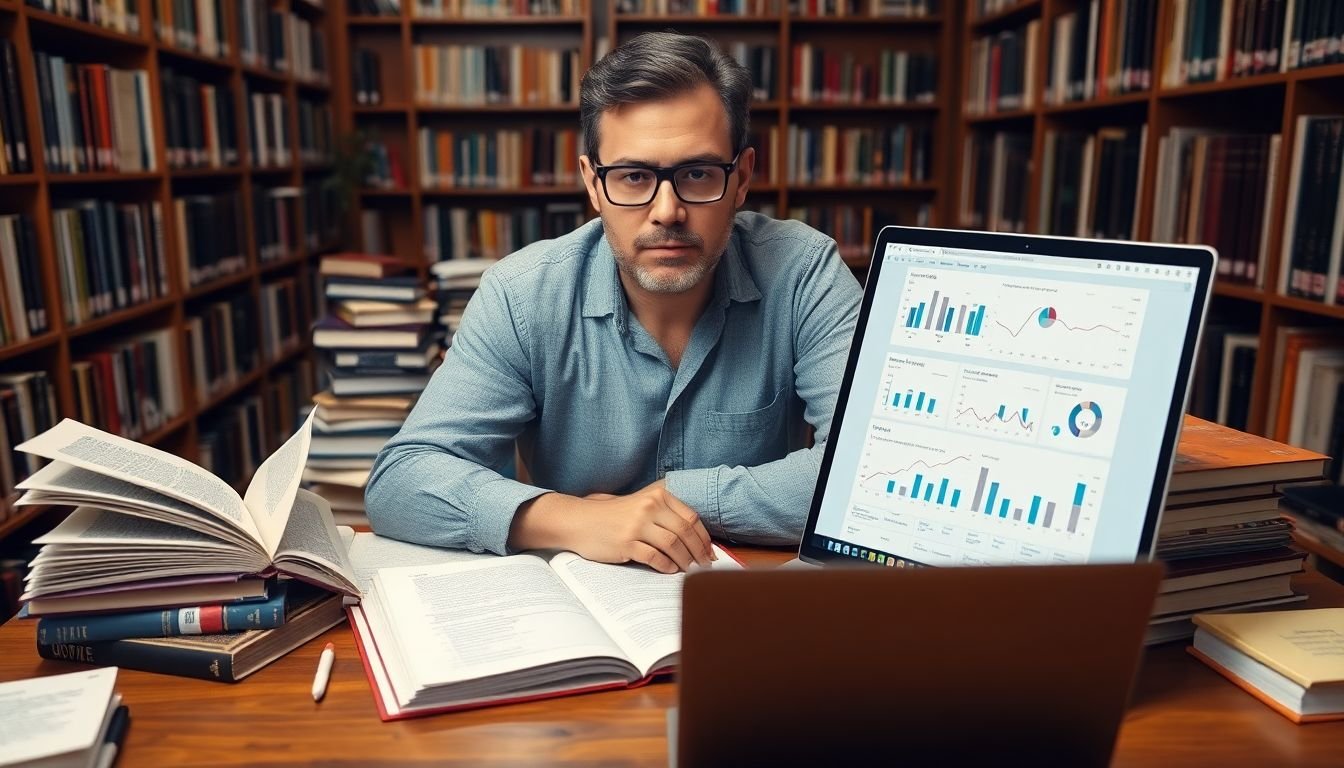 A serious-looking researcher in a library, surrounded by open books and digital devices, with a whitepaper draft on the table, and a laptop showing graphs and charts from the research.