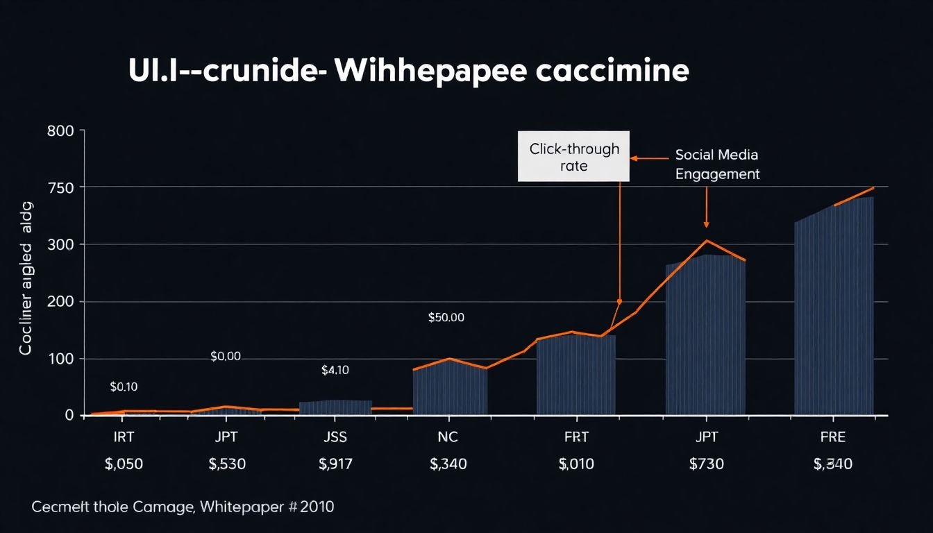 A graph showing the performance of a multi-channel whitepaper campaign, with metrics like click-through rate, conversion rate, and social media engagement highlighted