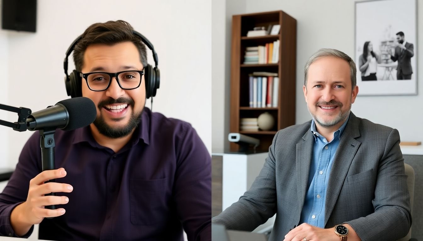 A split-screen image showing a podcast host speaking into a microphone and a webinar presenter on a video call