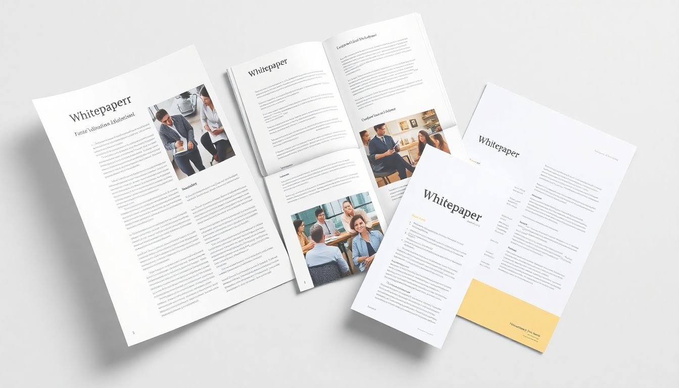 A flat lay image of print materials featuring whitepaper content, such as a brochure, a magazine spread, and a flyer