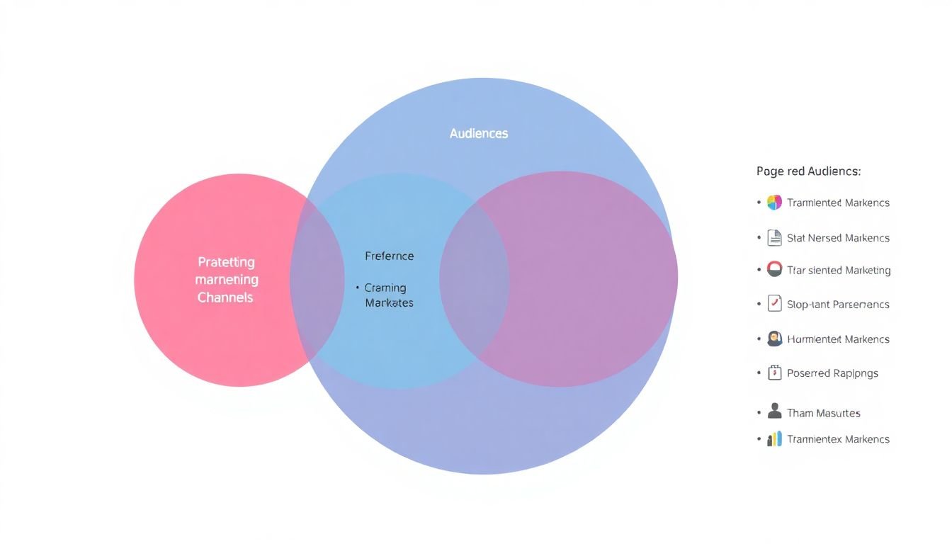 Venn diagrams representing different target audiences, with their preferred marketing channels listed beside each diagram