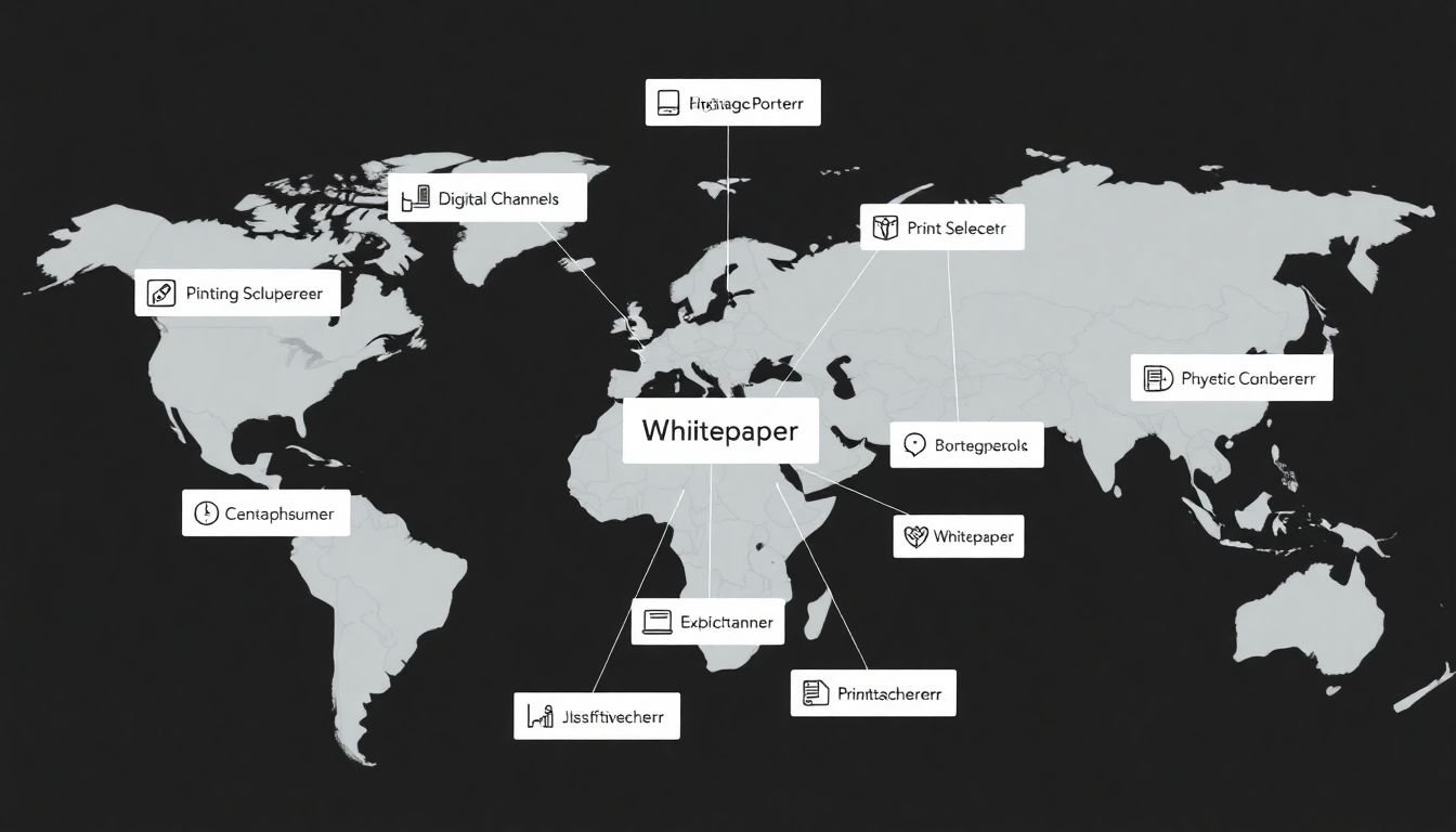 A world map with various digital and print channels highlighted, all connected to a central point labeled 'Whitepaper'