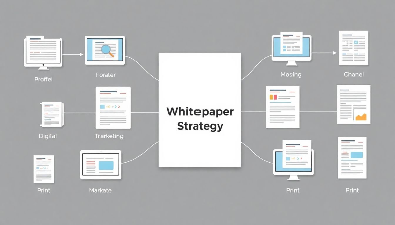 A creative image of a whitepaper being transformed into various digital and print formats, with each format representing a different marketing channel, all connected to a central hub labeled 'Whitepaper Strategy'