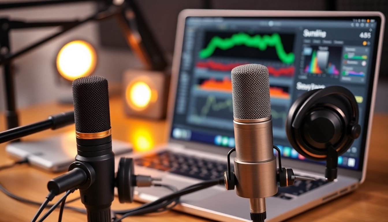 A close-up of high-quality podcasting equipment, such as microphones, headphones, and a laptop with recording software open.
