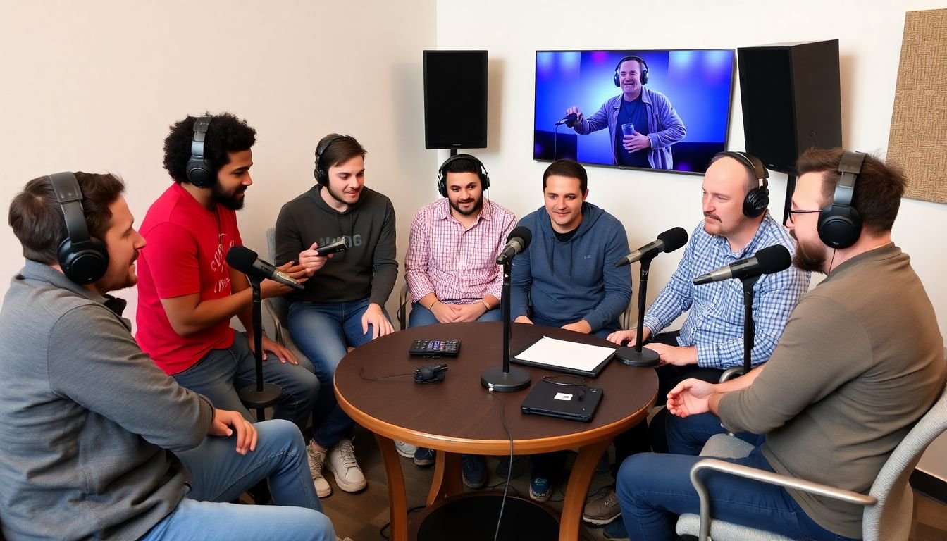 A group of diverse podcasters collaborating and recording an episode together in a studio setting.