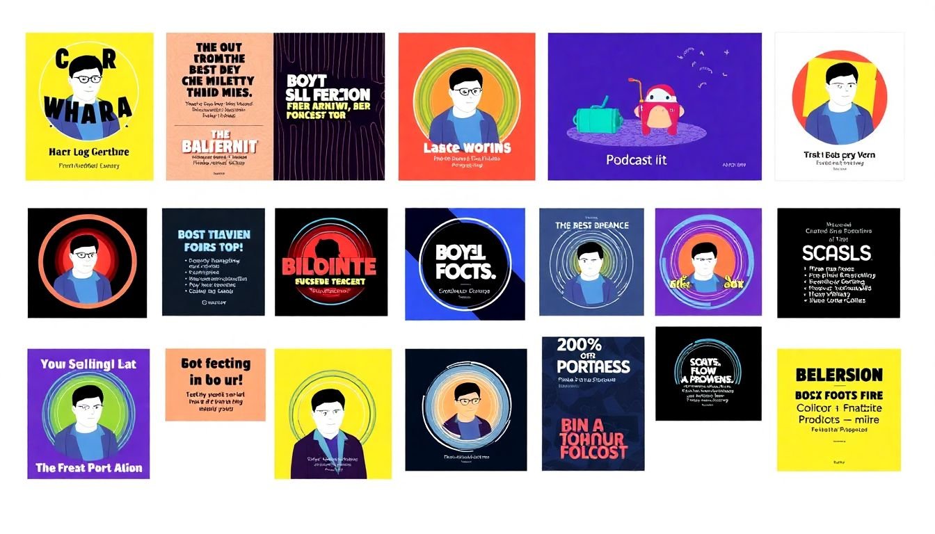 A collection of vibrant, on-brand podcast episode artwork designs on a digital art board.
