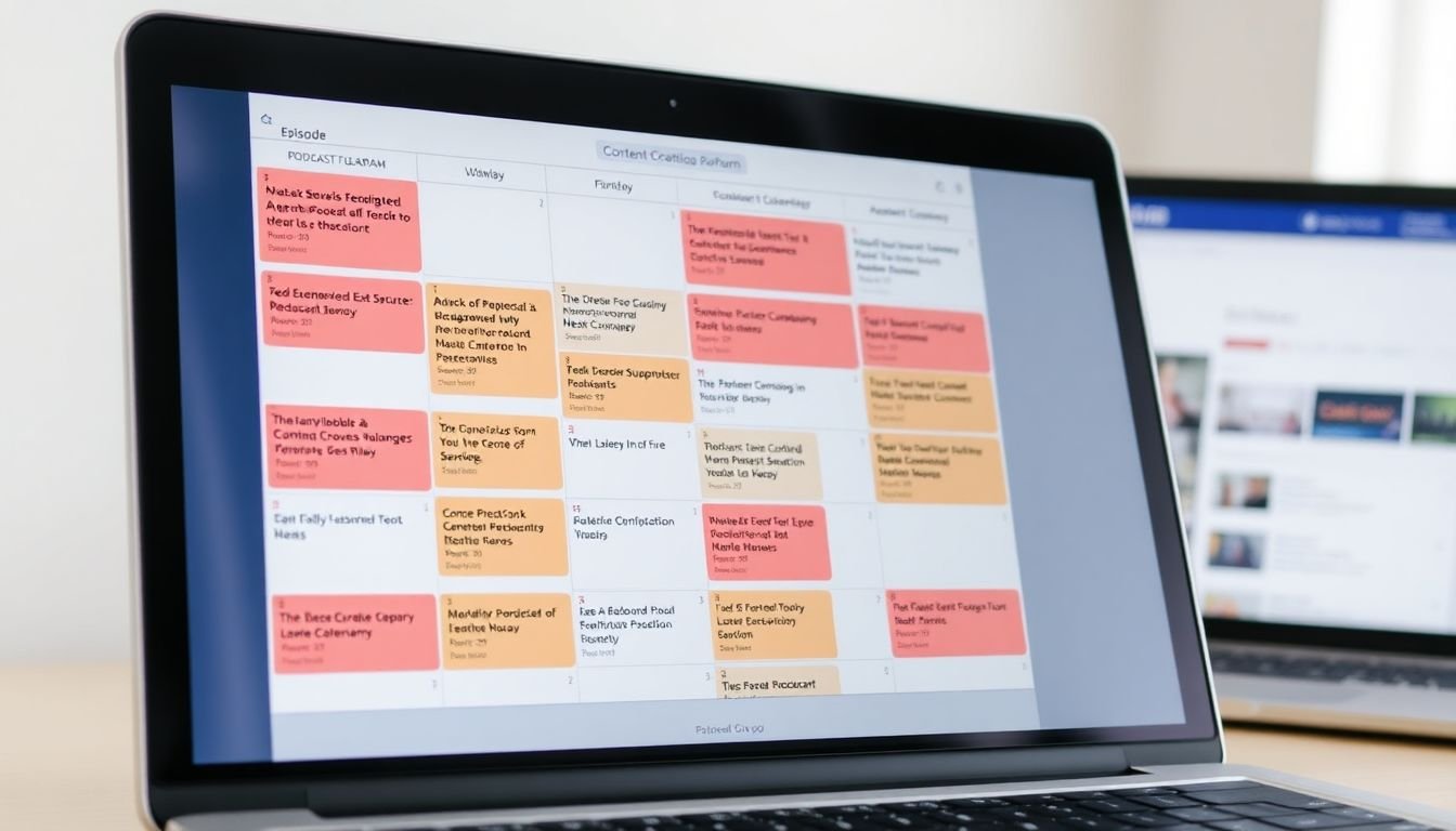 A calendar filled with podcast episode ideas, with a laptop showing a content creation platform in the background.