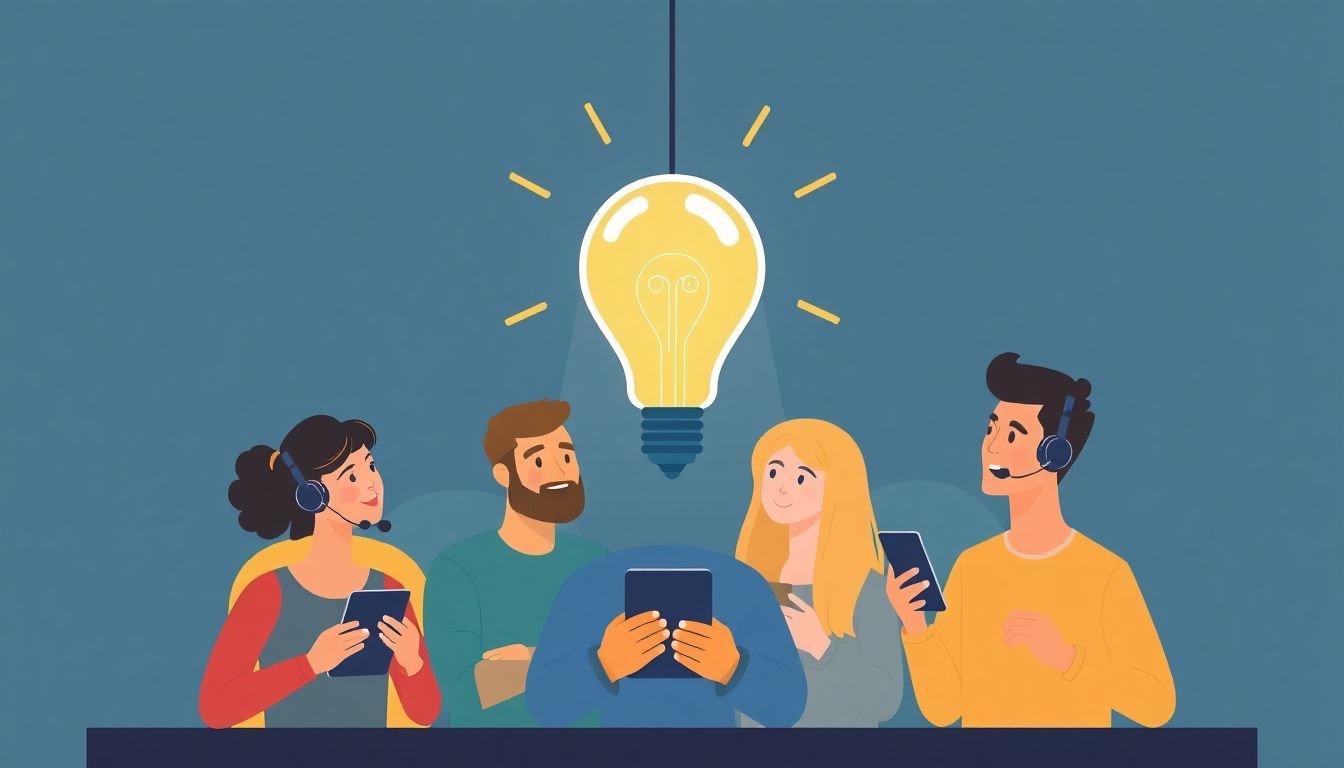 A lightbulb moment illustration with a diverse group of people listening to a podcast on various devices.