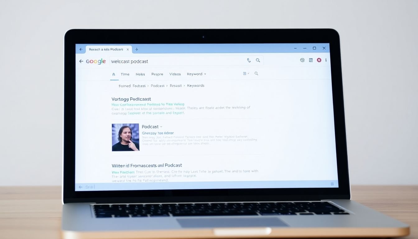 A laptop screen displaying search engine results for podcast-related keywords, with a podcast's listing prominently featured.