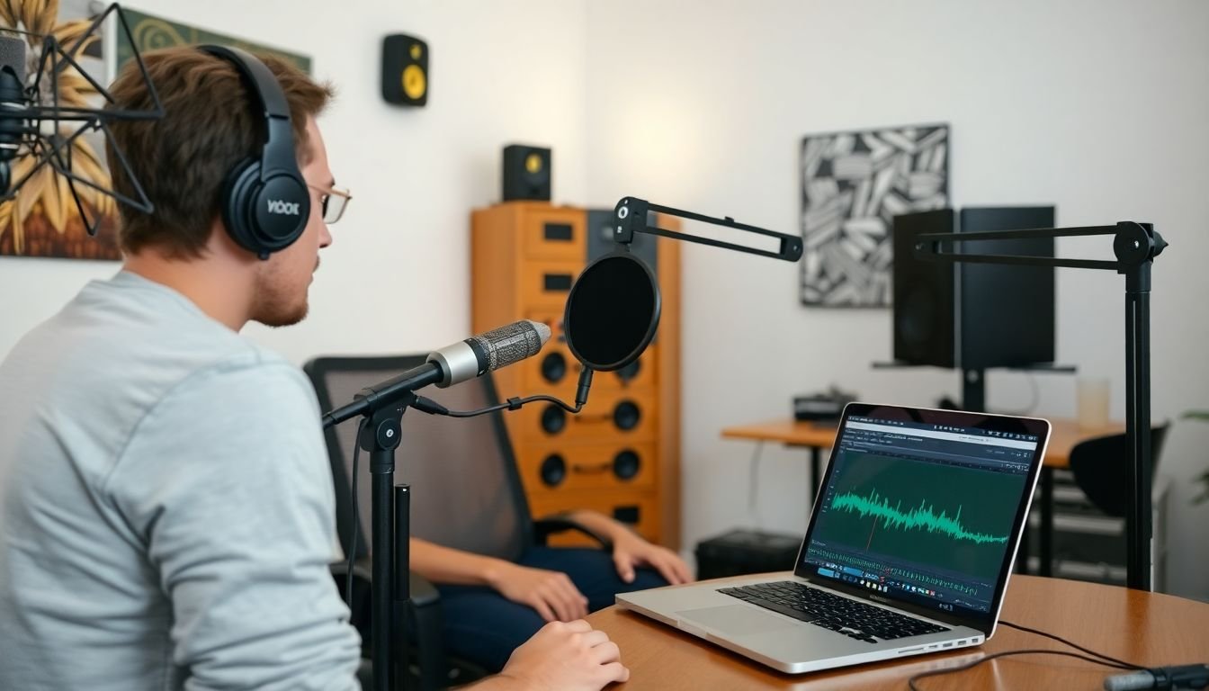 A person recording a podcast in a well-equipped home studio, with editing software open on a laptop.