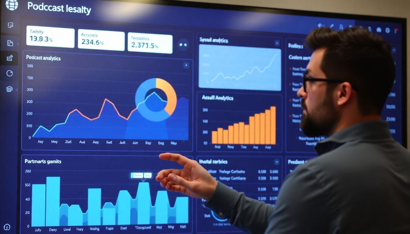 A data visualization dashboard displaying podcast analytics, with a podcast host analyzing the information and making notes for improvement.