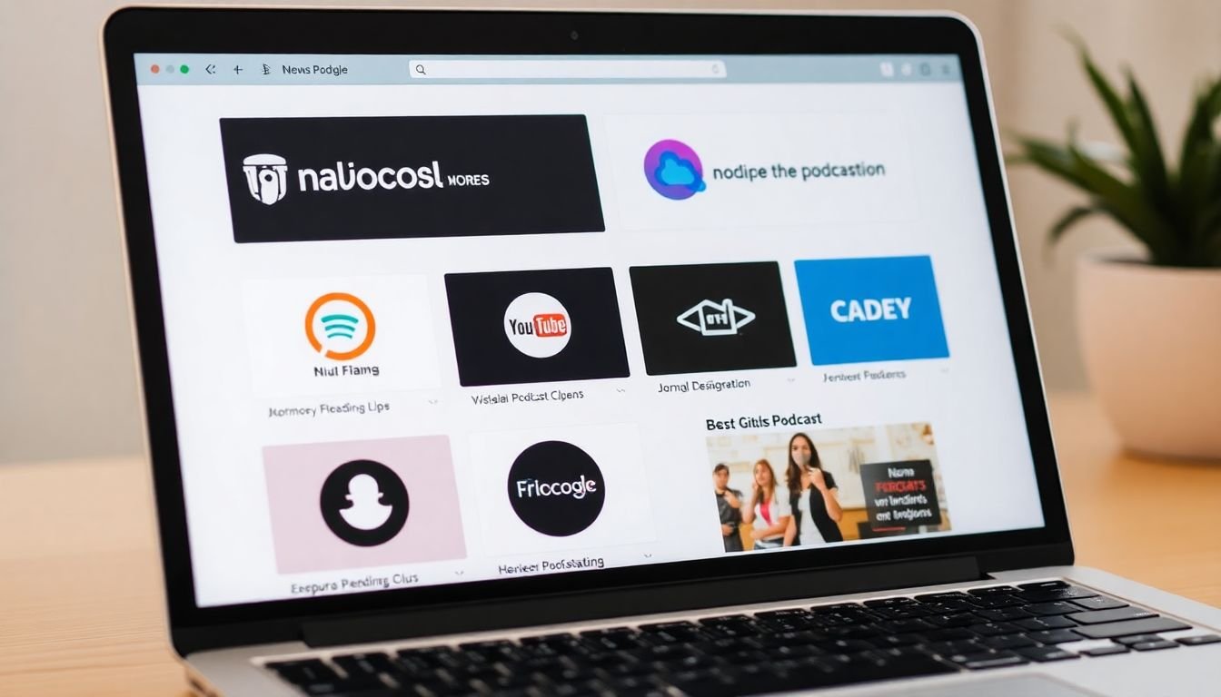 A laptop screen displaying various podcast hosting platforms, with a podcast logo and episode artwork visible.