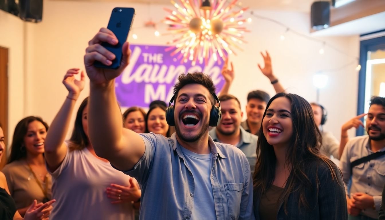 A celebratory launch party scene with a podcast host sharing their excitement on social media, surrounded by friends and fans.