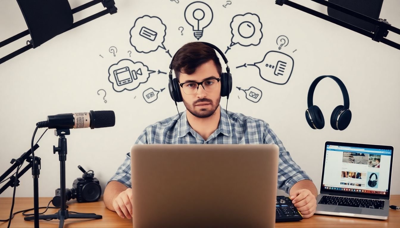 A creative image of a person brainstorming podcast ideas, surrounded by recording equipment, headphones, and a laptop showing a podcasting platform.