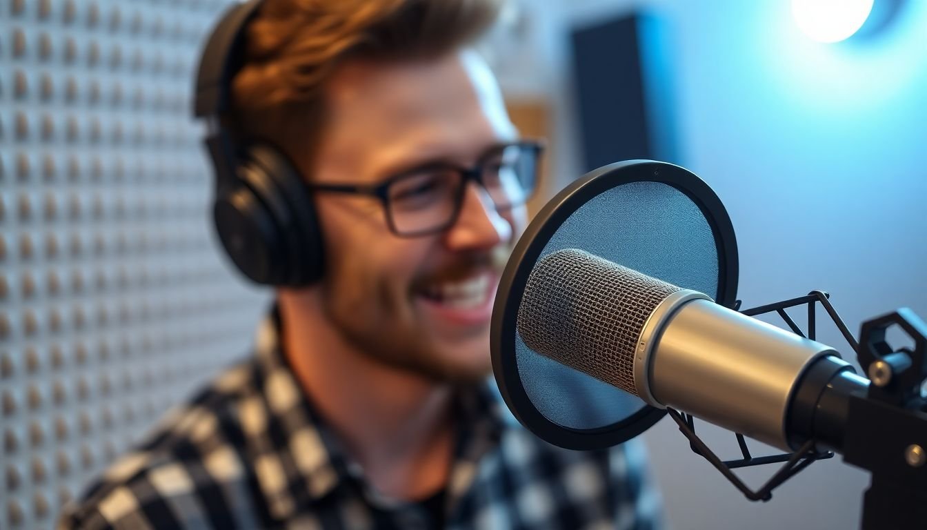 A close-up shot of a podcast host recording in a sound-treated room, with a high-quality microphone and pop filter in the frame.