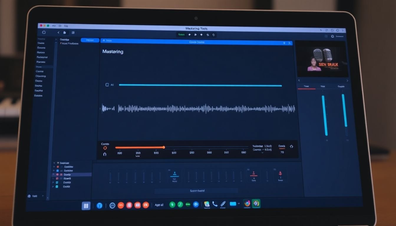 A laptop screen displaying the mastering tools in a podcast production software, with sliders for adjusting volume, compression, and equalization.