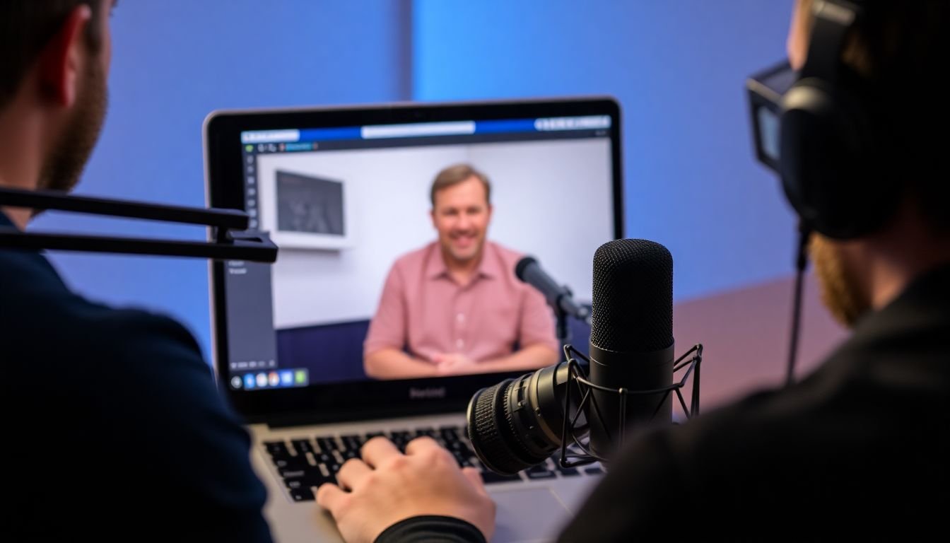 A podcast host conducting a remote interview, with a laptop displaying the video feed of the guest and a high-quality microphone in the frame.
