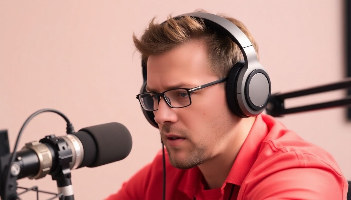 A podcast host wearing high-quality headphones, listening intently to the audio feed while recording.
