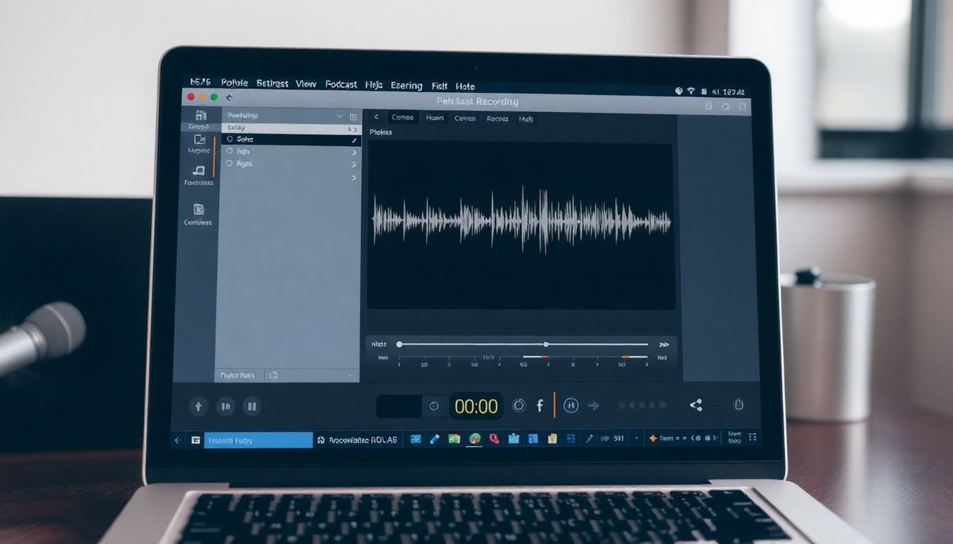 A laptop screen displaying the interface of a popular podcast recording software, with audio waveforms visible and recording controls highlighted.